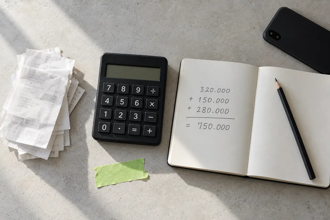 Mesón al cierre del mes con boletas, calculadora y un cuaderno con sumas