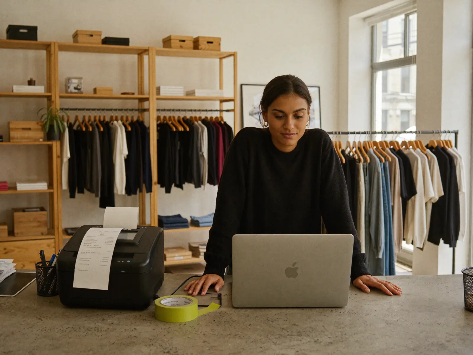 Dueña de una tienda de ropa revisando sus números en el notebook, detrás del mesón de su local
